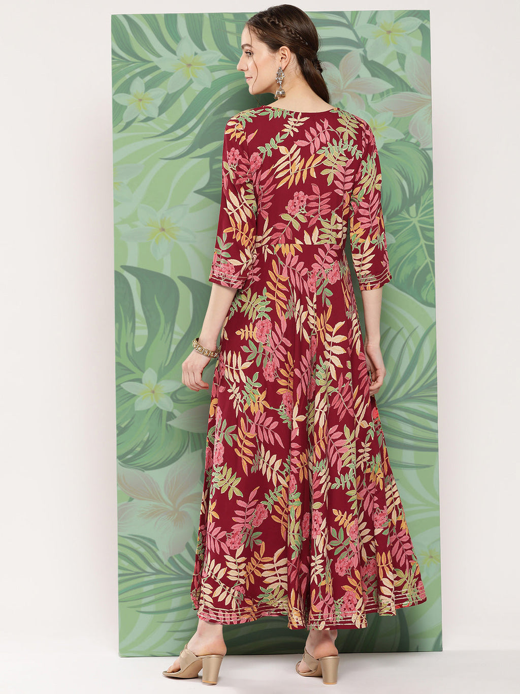 InWeave Women's Red Tropical Print Gota Long Dress | Grocsy