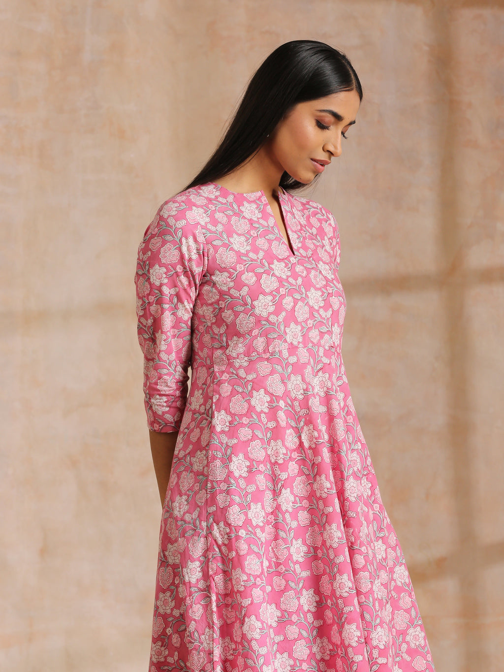 trueBrowns Pink Overall Floral Block Print Cotton Flared Kurta Pant Set | Grocsy
