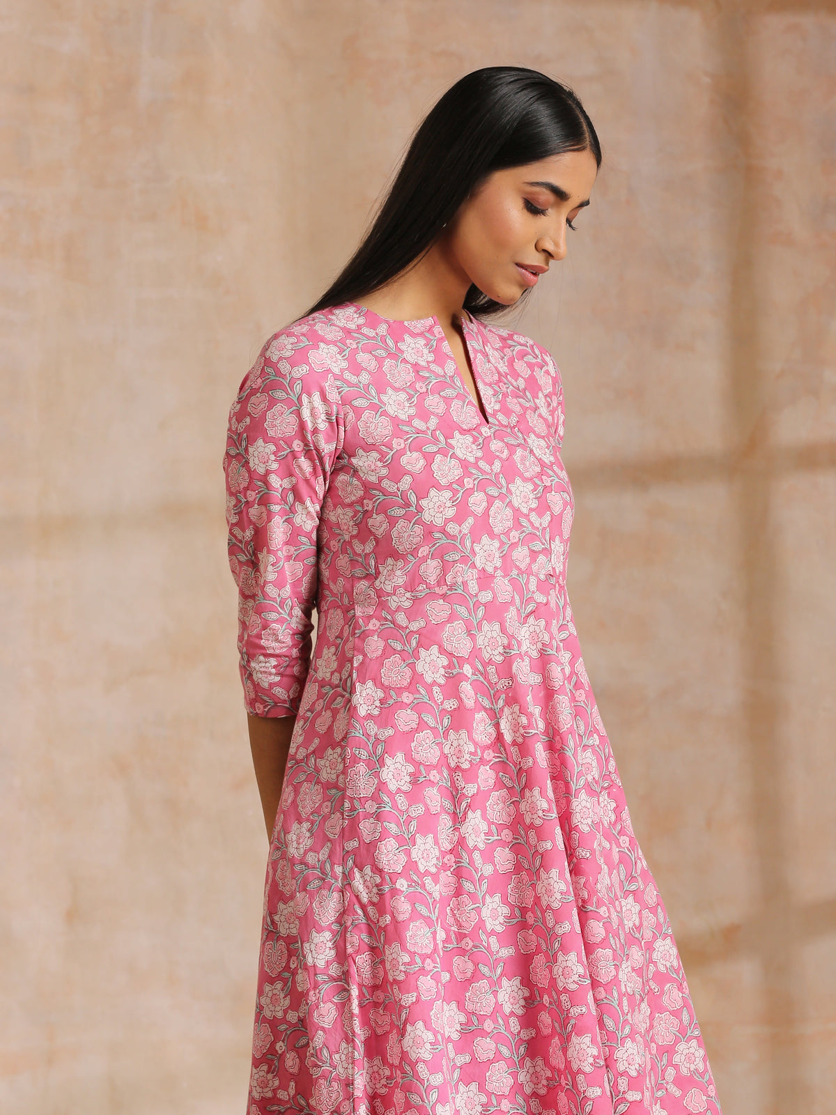 trueBrowns Pink Overall Floral Block Print Cotton Flared Kurta Pant Set | Grocsy