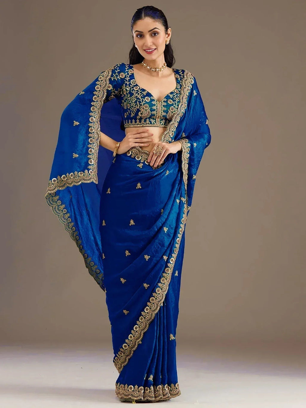 Tulsi Art Dazzling Blue Embroidered Silk Festive Wear Saree With Blouse | Grocsy
