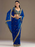 Tulsi Art Dazzling Blue Embroidered Silk Festive Wear Saree With Blouse | Grocsy