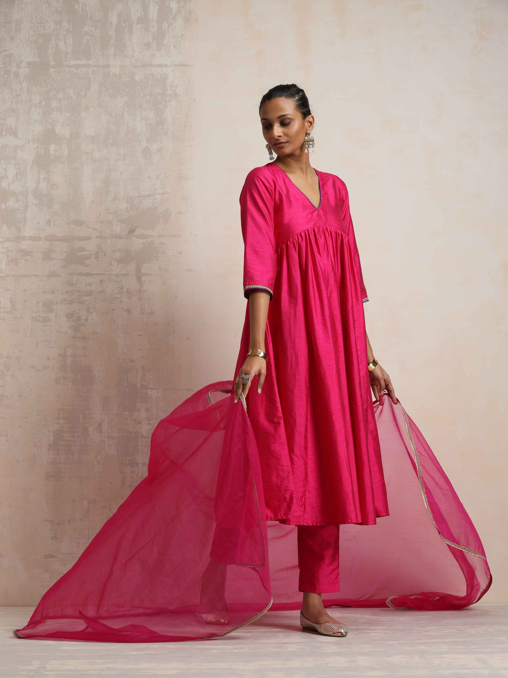 trueBrowns Pink Silk Anarkali Kurta Pant Dupatta Set | Grocsy