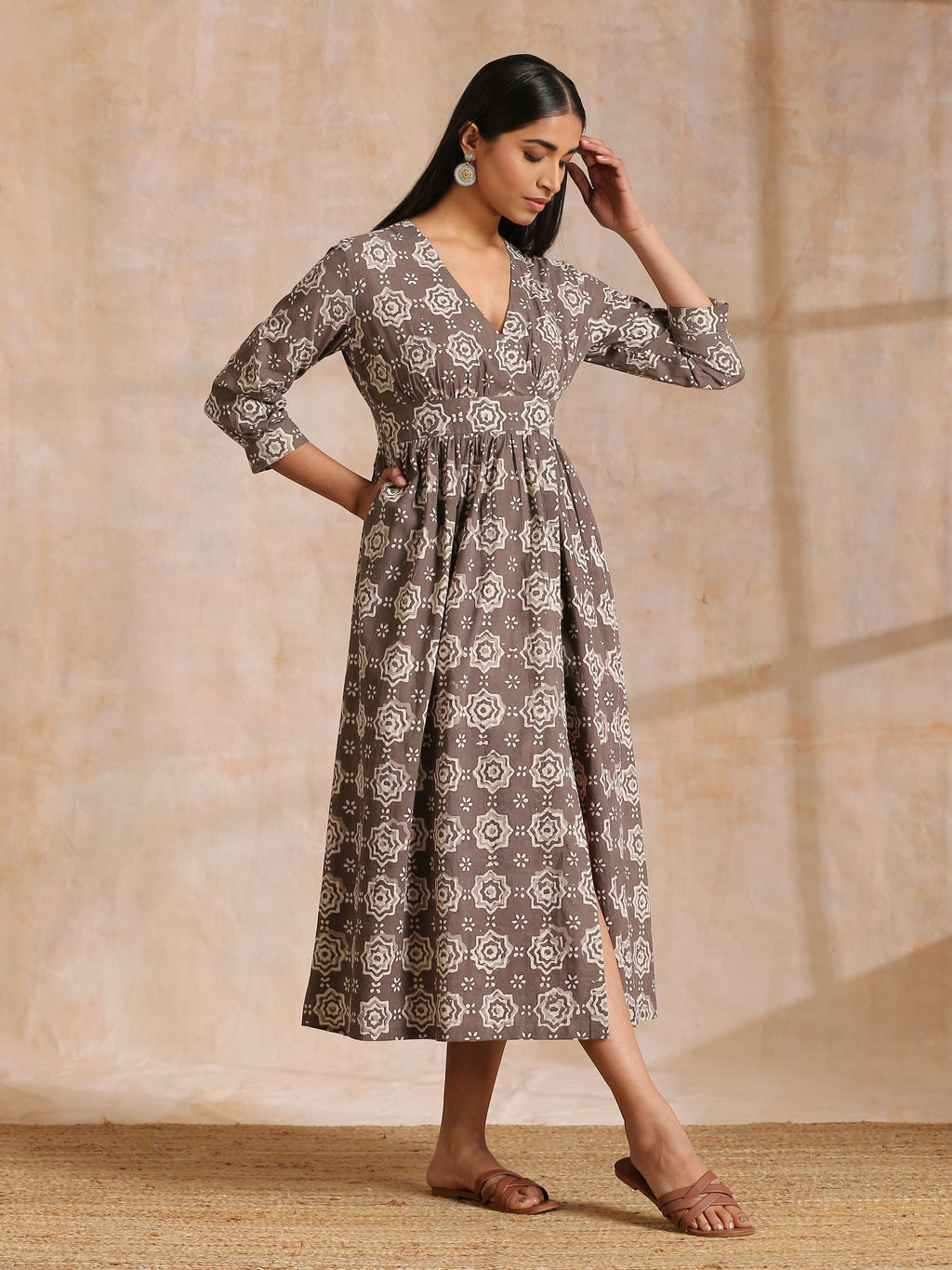 trueBrowns Clay Dabu Overall Print Cotton Wrap Dress | Grocsy