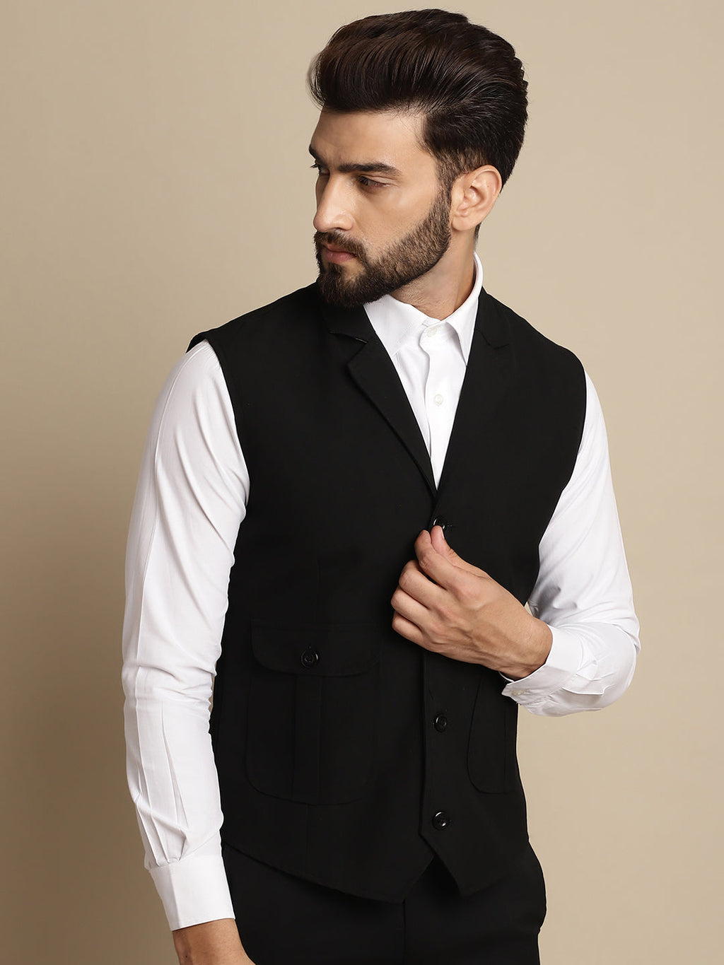 Even Apparels Men's Black Waistcoat with Notched Lapel | Grocsy