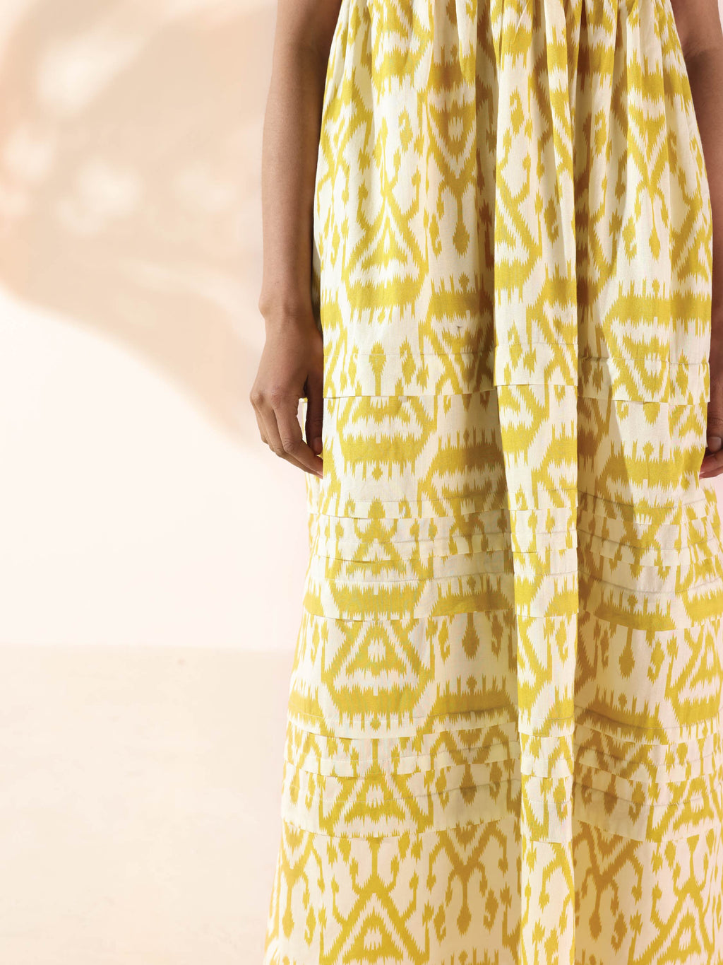 trueBrowns Lime Cotton Ikat Sleeveless Flared Dress | Grocsy