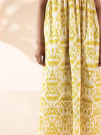 trueBrowns Lime Cotton Ikat Sleeveless Flared Dress | Grocsy