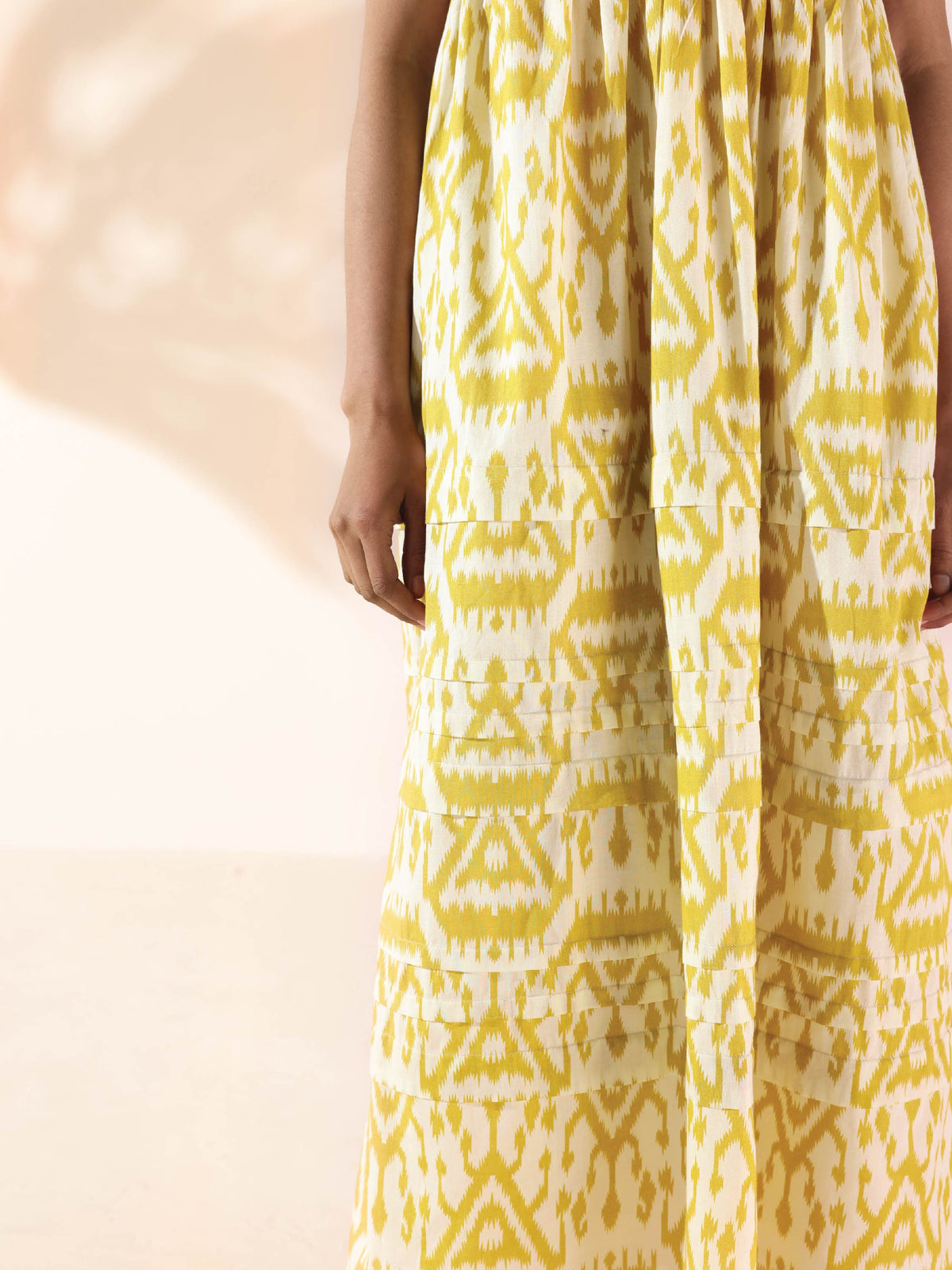 trueBrowns Lime Cotton Ikat Sleeveless Flared Dress | Grocsy