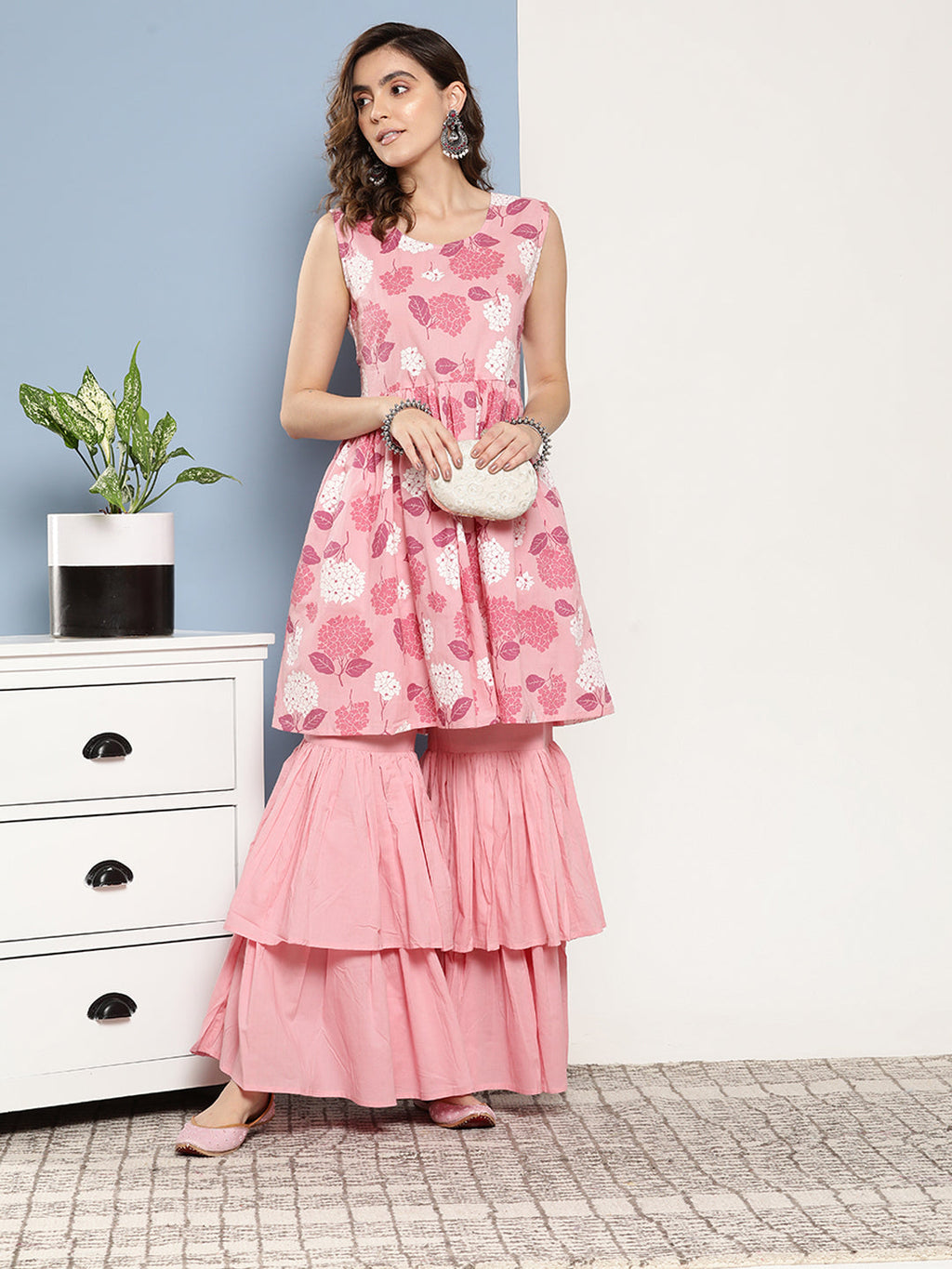 InWeave Women's Pink Printed Chintz Tiered Sharara Set | Grocsy