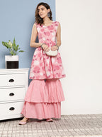 InWeave Women's Pink Printed Chintz Tiered Sharara Set | Grocsy
