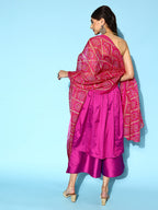 InWeave Purple Off Shoulder Silk Kurta Set -Pink Kota Bandhej Dupatta | Grocsy
