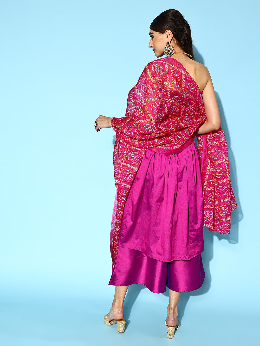 InWeave Purple Off Shoulder Silk Kurta Set -Pink Kota Bandhej Dupatta | Grocsy