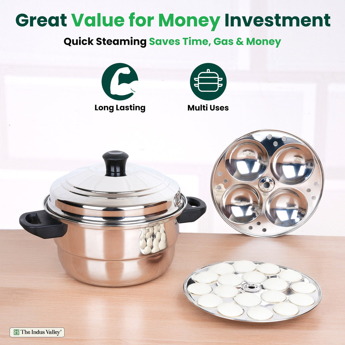 The Indus Valley Premium Stainless Steel idlipot regular with mini idli plates-(3+1) Idli/ Momo Maker/  Veg Steaming Set, Tri-ply Induction Bottom, 4 Plates | Grocsy