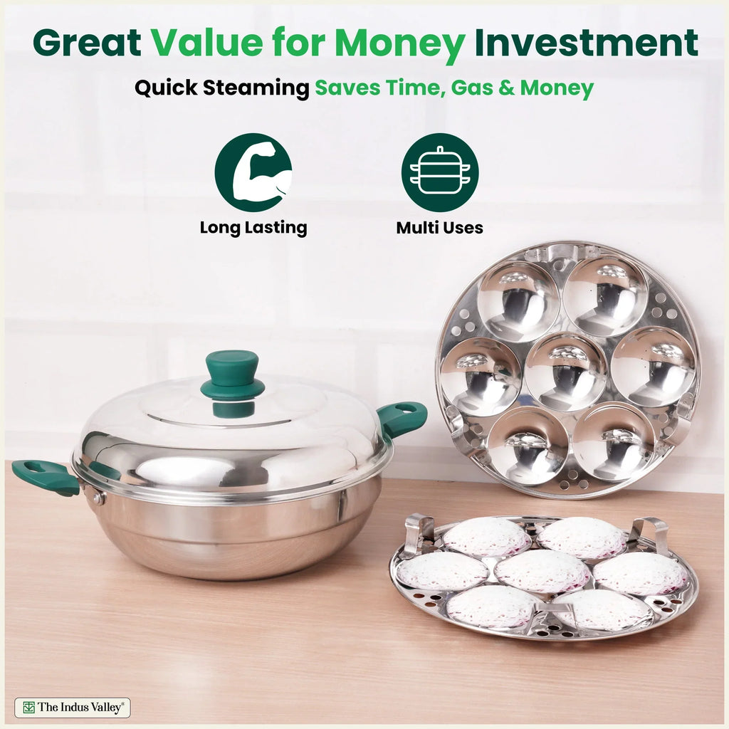The Indus Valley 14 Pit Tri-Steel Multi Pot Premium Stainless Steel Idli/ Momo Maker/  Veg Steaming Set, Tri-ply Induction Bottom, 2 Plates, 27cm | Grocsy