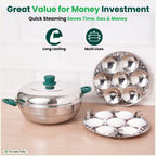 The Indus Valley 14 Pit Tri-Steel Multi Pot Premium Stainless Steel Idli/ Momo Maker/  Veg Steaming Set, Tri-ply Induction Bottom, 2 Plates, 27cm | Grocsy