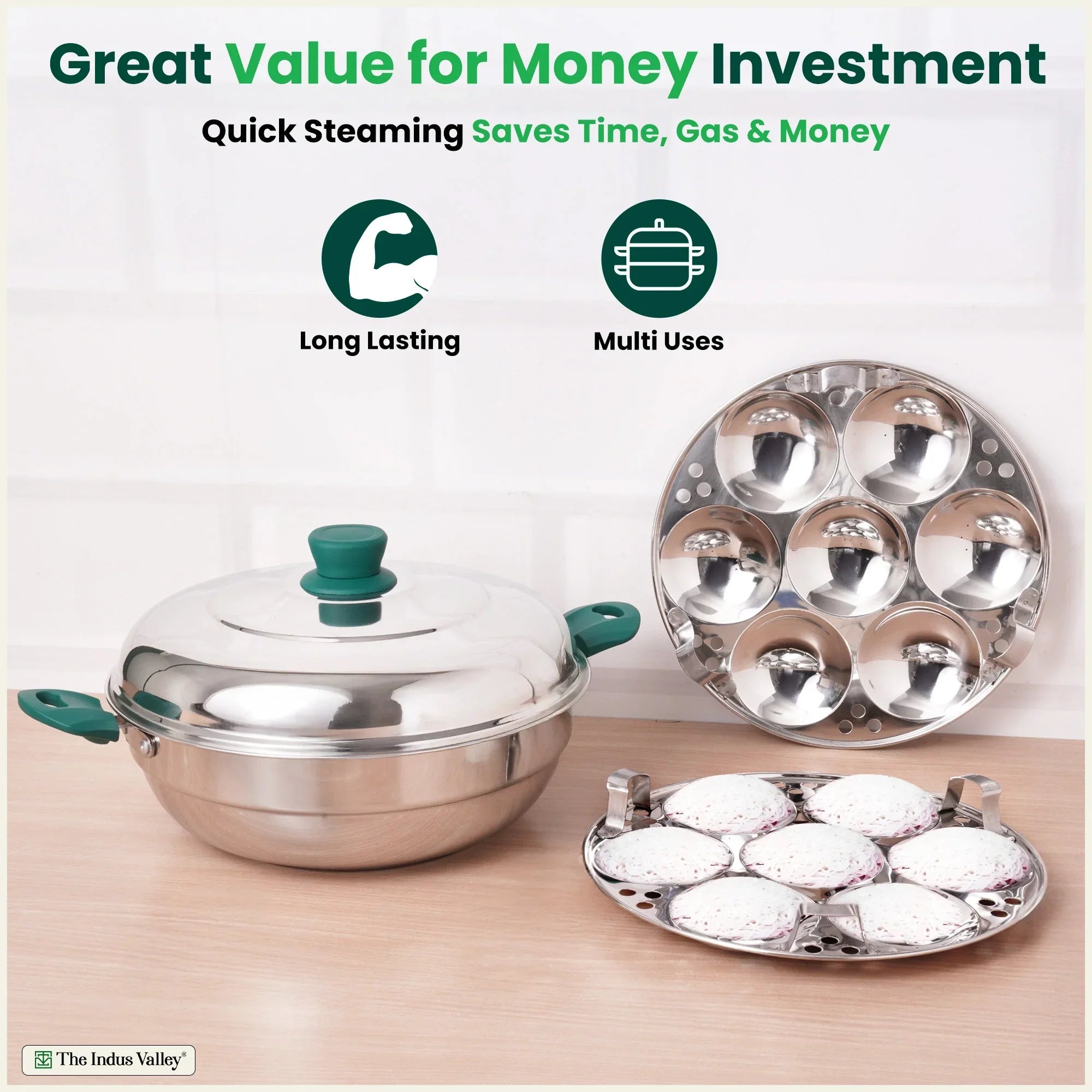 The Indus Valley 14 Pit Tri-Steel Multi Pot Premium Stainless Steel Idli/ Momo Maker/  Veg Steaming Set, Tri-ply Induction Bottom, 2 Plates, 27cm | Grocsy