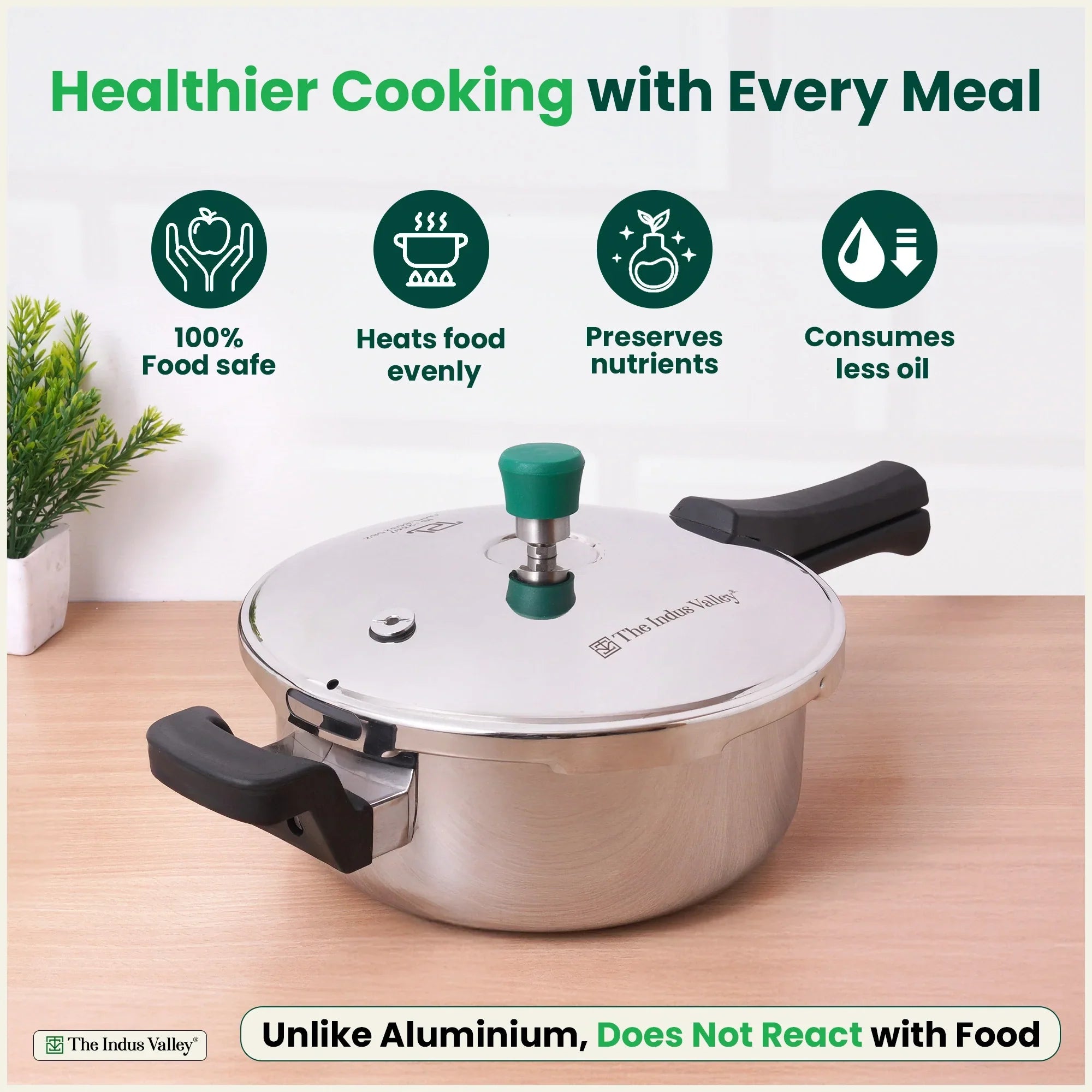 The Indus Valley Tri-ply Stainless Steel Pressure Pan, Premium Quality, 3 Layer Thick Body, Heavy Bottom, 100% Food-safe, ISI Certified, Induction & Gas, 3.5/5L | Grocsy