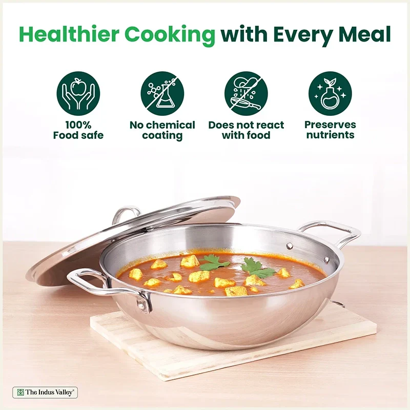The Indus Valley TurboCuk Tri-ply Stainless Steel Kadai+ Steel Lid, Premium Quality, 3 Layer Thick Body, 100% Toxin-free, Non-stick, Induction & Gas, 3L/3.5L/3.9L/4.5L | Grocsy