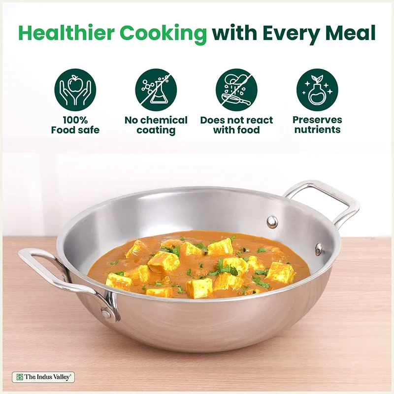 The Indus Valley TurboCuk Tri-ply Stainless Steel Kadai, Premium Quality, 3 Layer Thick Body, 100% Toxin-free, Non-stick, Induction & Gas, Free ₹110 Spatula, 1.7/2.7/3.5L | Grocsy