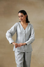 trueBrowns Grey Bandhani Printed Silk Front Open Short Co-Ord Set | Grocsy