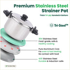 The Indus Valley Tri-steel Stainless Steel Rice Pot with Strainer Lid & Lockable Bakelite Handles, Tri-ply 3-Layer Heavy Bottom | Noodle/Pasta/Corn/Soya/Veggies Boiler Pot, Steamer Cooker, Induction & Gas, 1.08 Kg, 19cm, 3.5 L | Grocsy