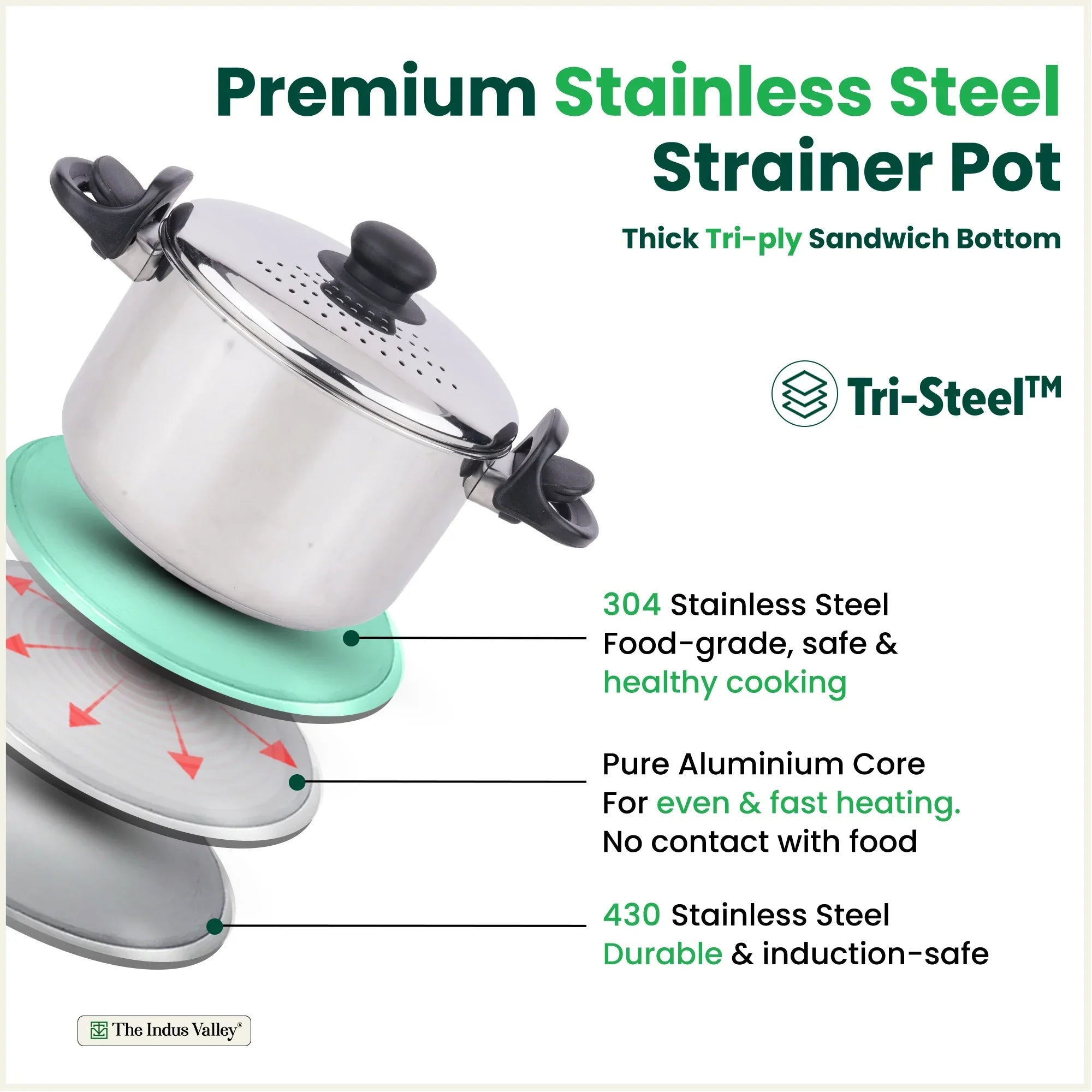 The Indus Valley Tri-steel Stainless Steel Rice Pot with Strainer Lid & Lockable Bakelite Handles, Tri-ply 3-Layer Heavy Bottom | Noodle/Pasta/Corn/Soya/Veggies Boiler Pot, Steamer Cooker, Induction & Gas, 1.08 Kg, 19cm, 3.5 L | Grocsy