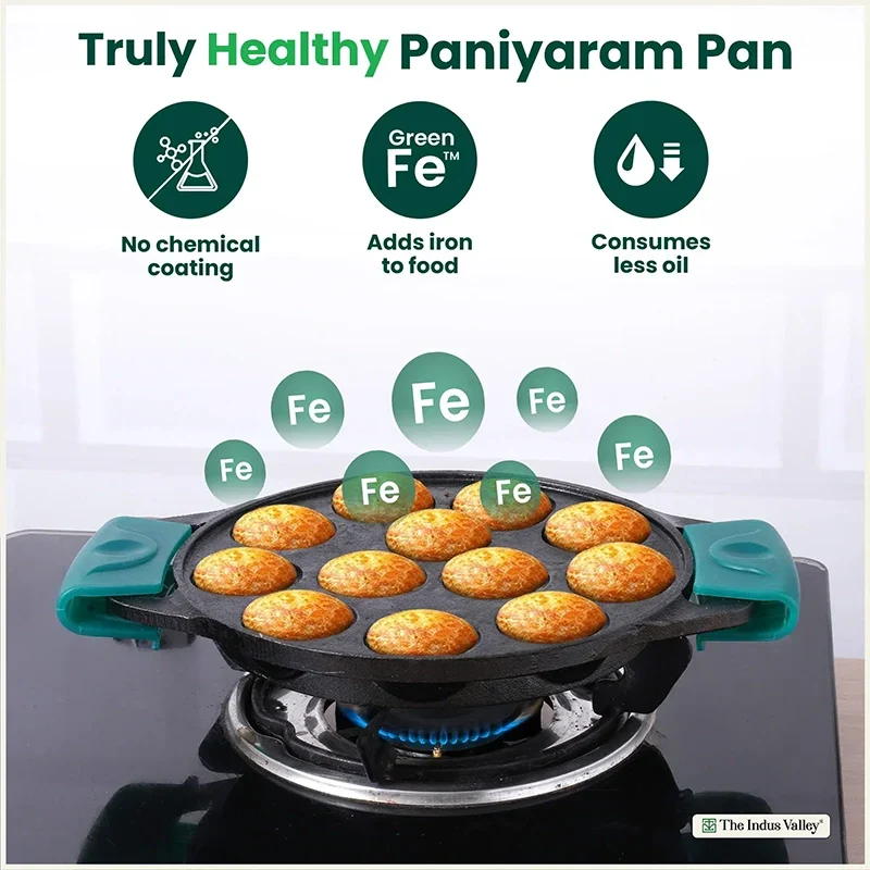 The Indus Valley 12 Pit/Cup CASTrong Cast Iron Paniyaram/Appe Pan, Pre-seasoned, with Double Handle Silicone Grip,Toxin-free, 20.8 cm, 2.2 kg | Grocsy