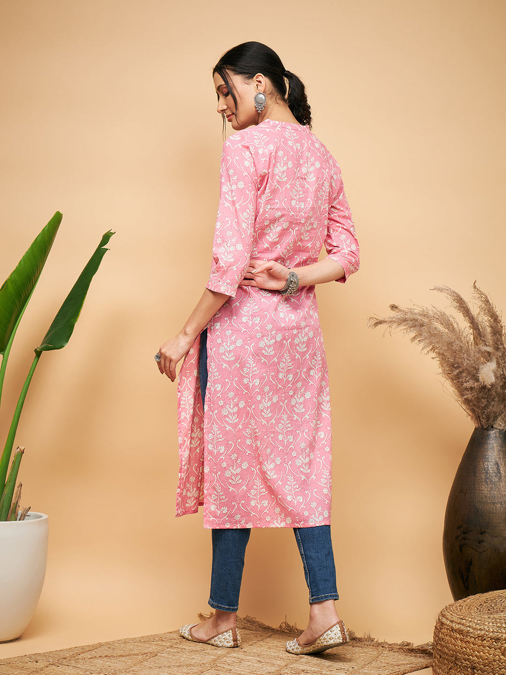 InWeave Women's Light Pink Floral Print Straight Angrakha Gota Kurta | Grocsy