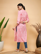 InWeave Women's Light Pink Floral Print Straight Angrakha Gota Kurta | Grocsy