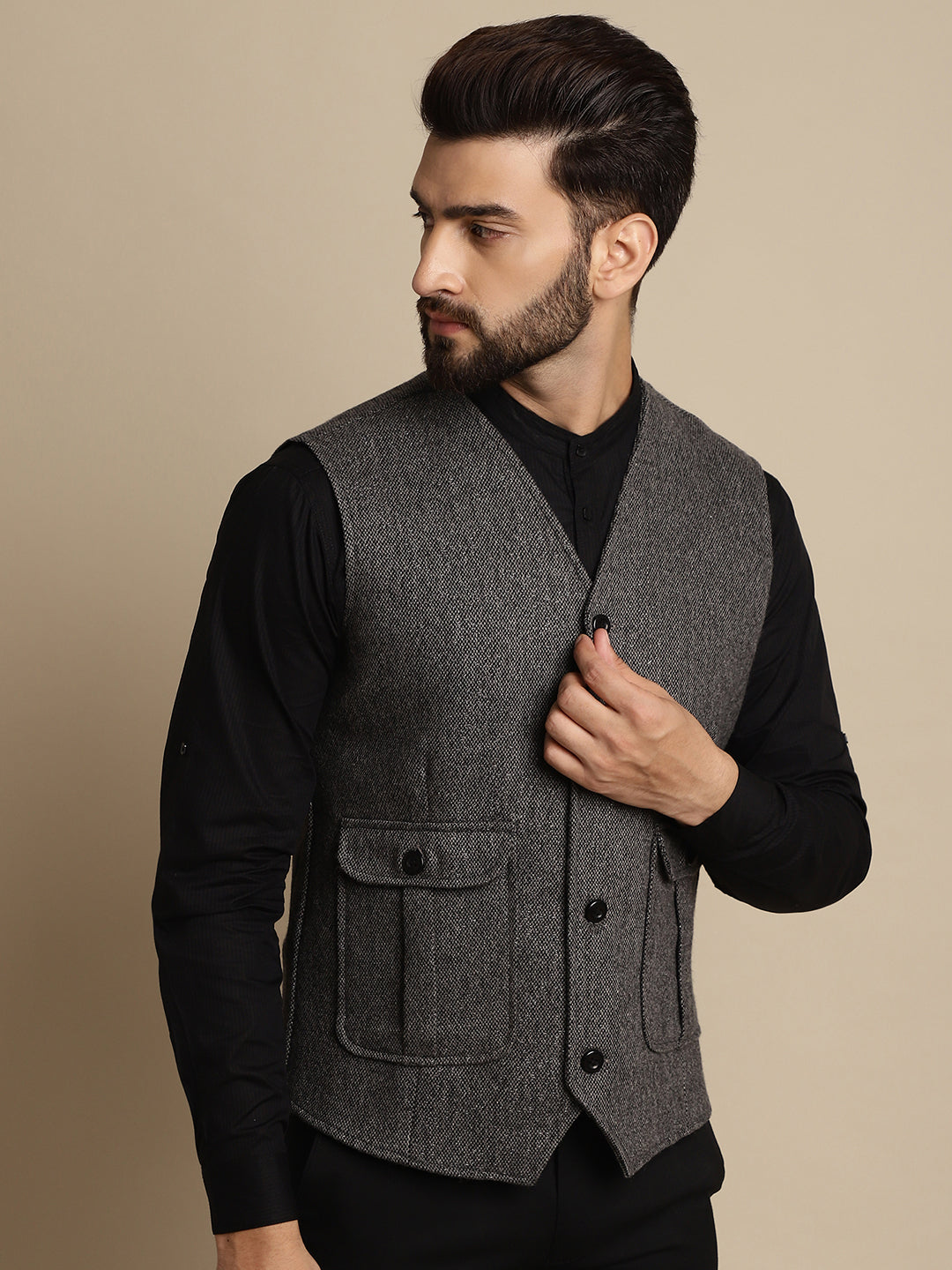 Even Apparels Men's Grey Woolen Waistcoat With Patch Pocket | Grocsy