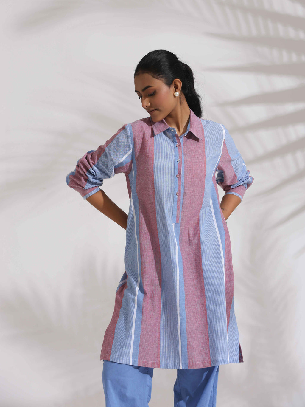 trueBrowns Blue Cotton Stripe Kurta Co-ord Set | Grocsy