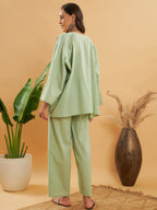 InWeave Women's Sage Green Kantha Boho Full Sleeve Coord Set | Grocsy