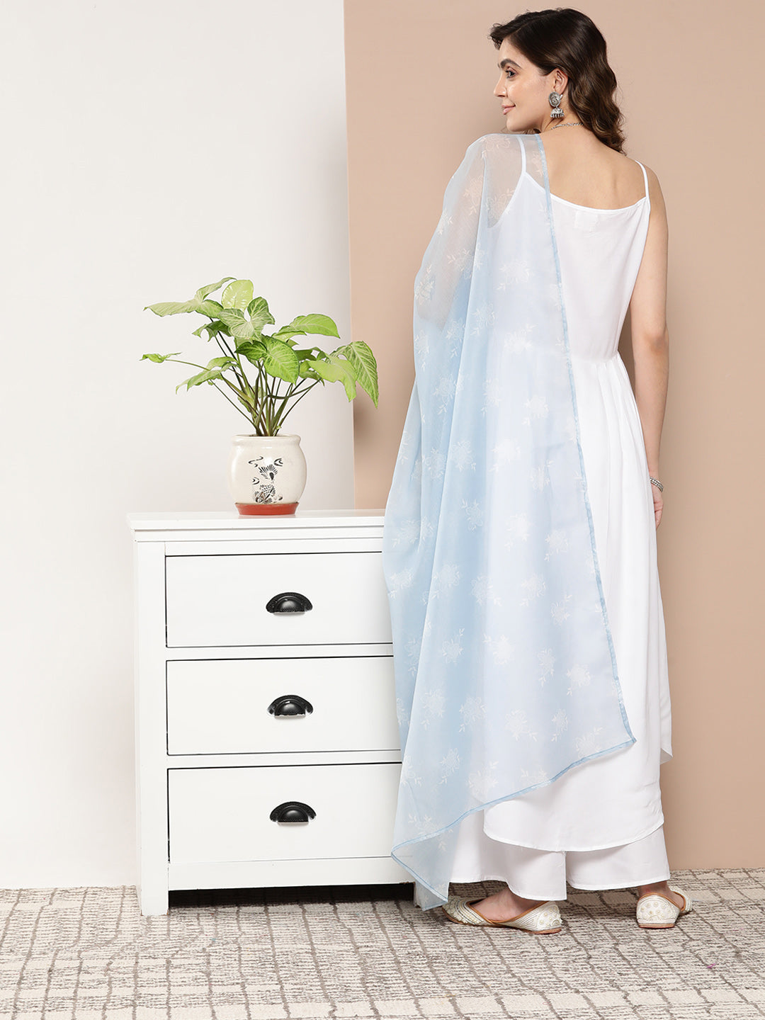 InWeave Women's Cream Strappy With Blue White Chintz Organza Dupatta | Grocsy