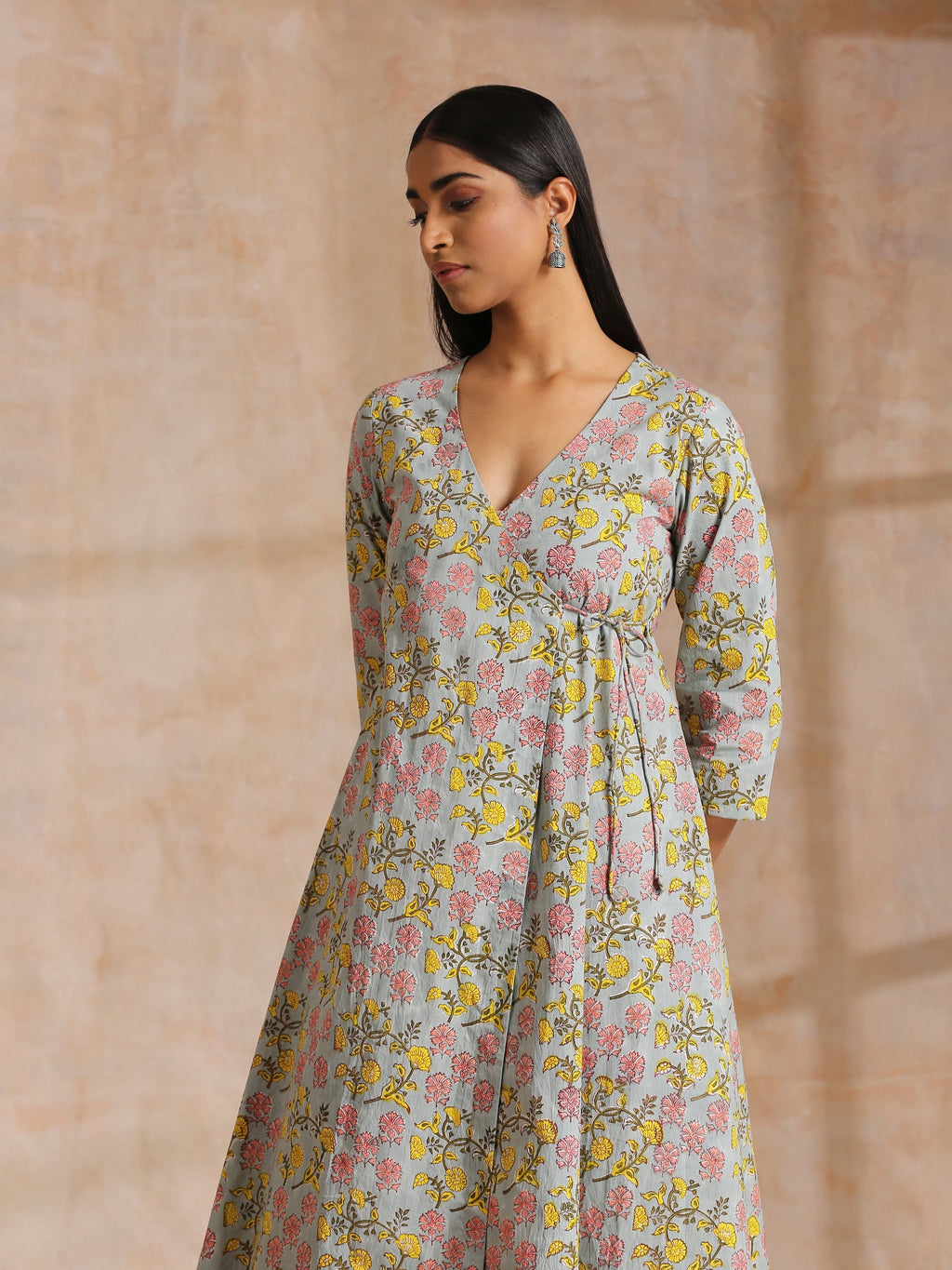 trueBrowns Grey Overall Floral Block Print Cotton Angrakha Kurta Pant Set | Grocsy