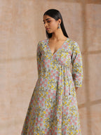 trueBrowns Grey Overall Floral Block Print Cotton Angrakha Kurta Pant Set | Grocsy