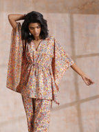 trueBrowns Multicolor Beige Overall Floral Block Print Cotton Kaftan Co-Ord Set | Grocsy
