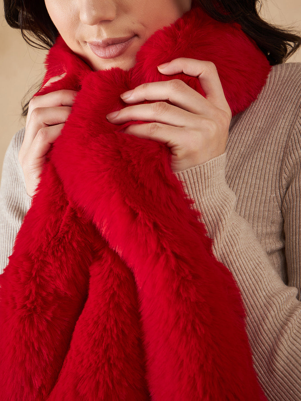 InWeave Women's Cherry Red Faux Fur Neck Warmer | Grocsy