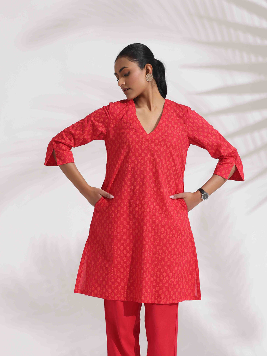 trueBrowns Red Cotton Print Kurta Co-ord Set | Grocsy