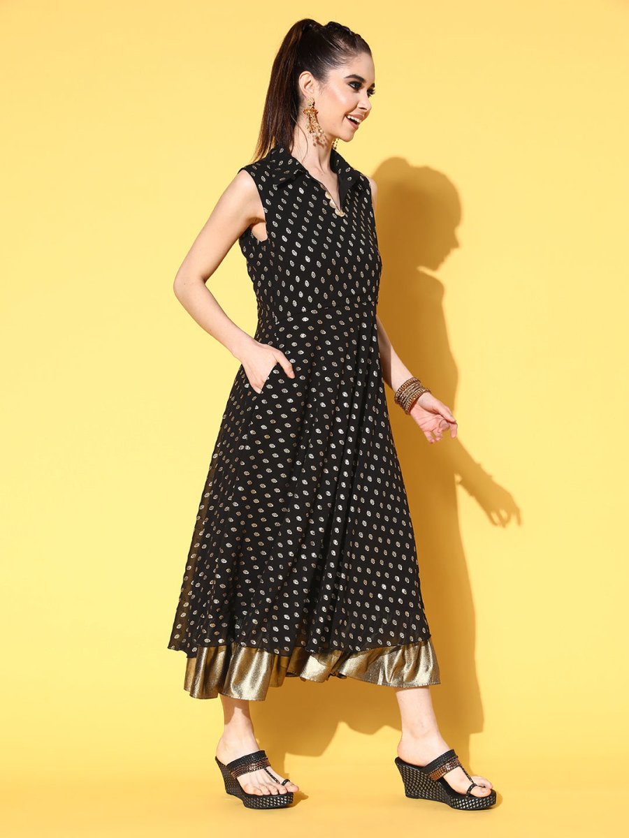 Ahalyaa Black Georgette Ethnic Motifs Printed Shirt-Collar Midi Fit & Flare Ethnic Dress | Grocsy