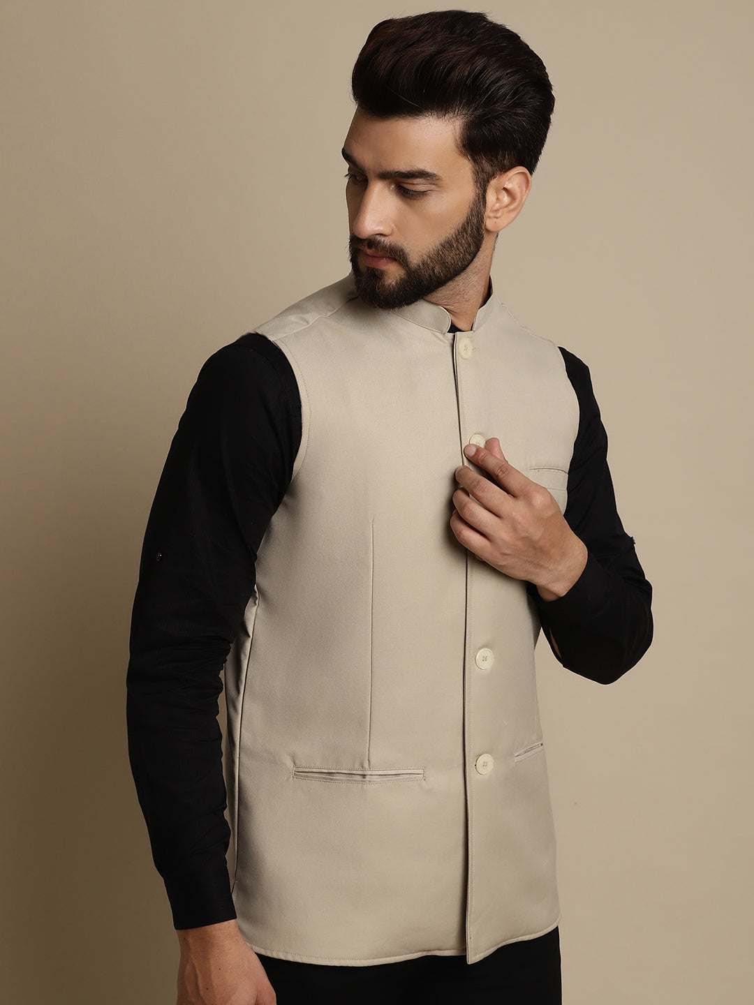 Even Apparels Men's Cream Mandarin Collar Waistcoat | Grocsy