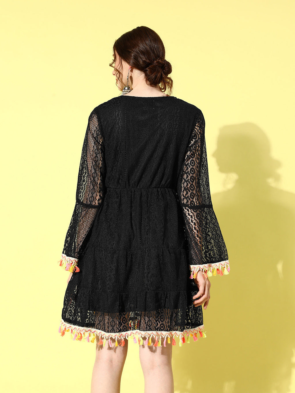 InWeave Women's Black Lacy Dress With Tassles | Grocsy