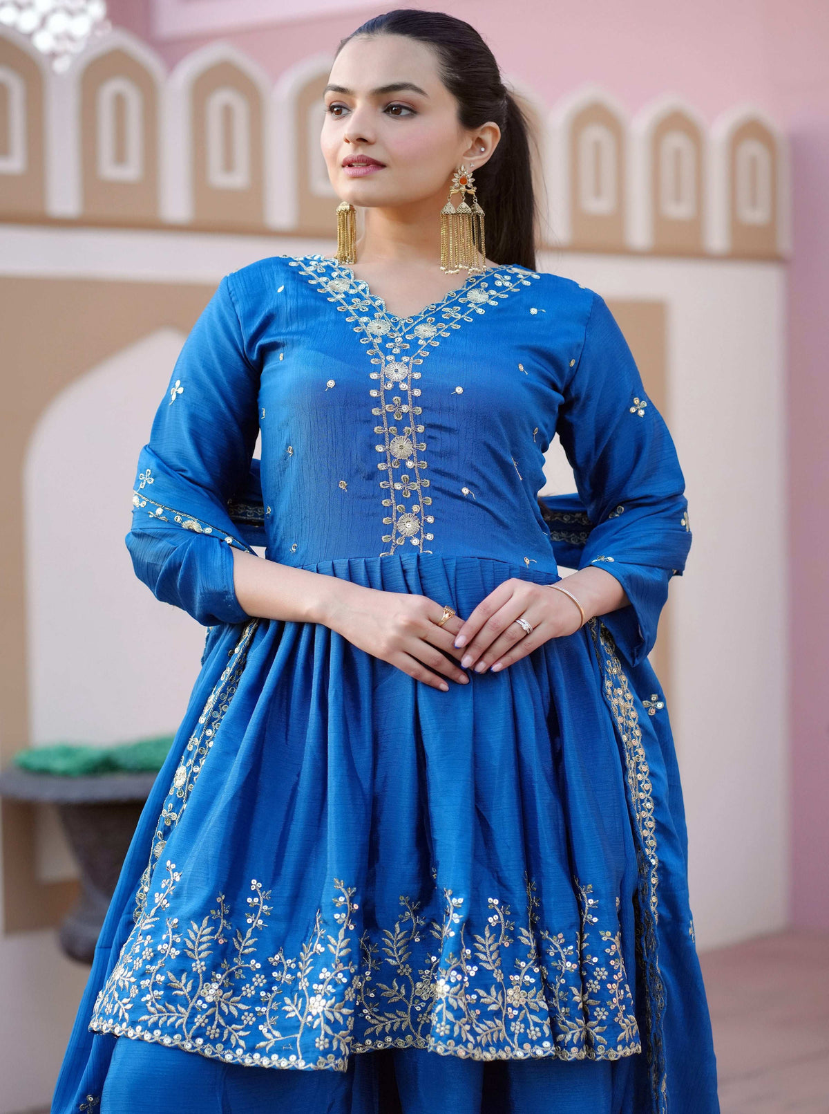 Yash Enterprise Glorious Blue Chinon Silk Embroidery Work Readymade Salwar Suit | Grocsy