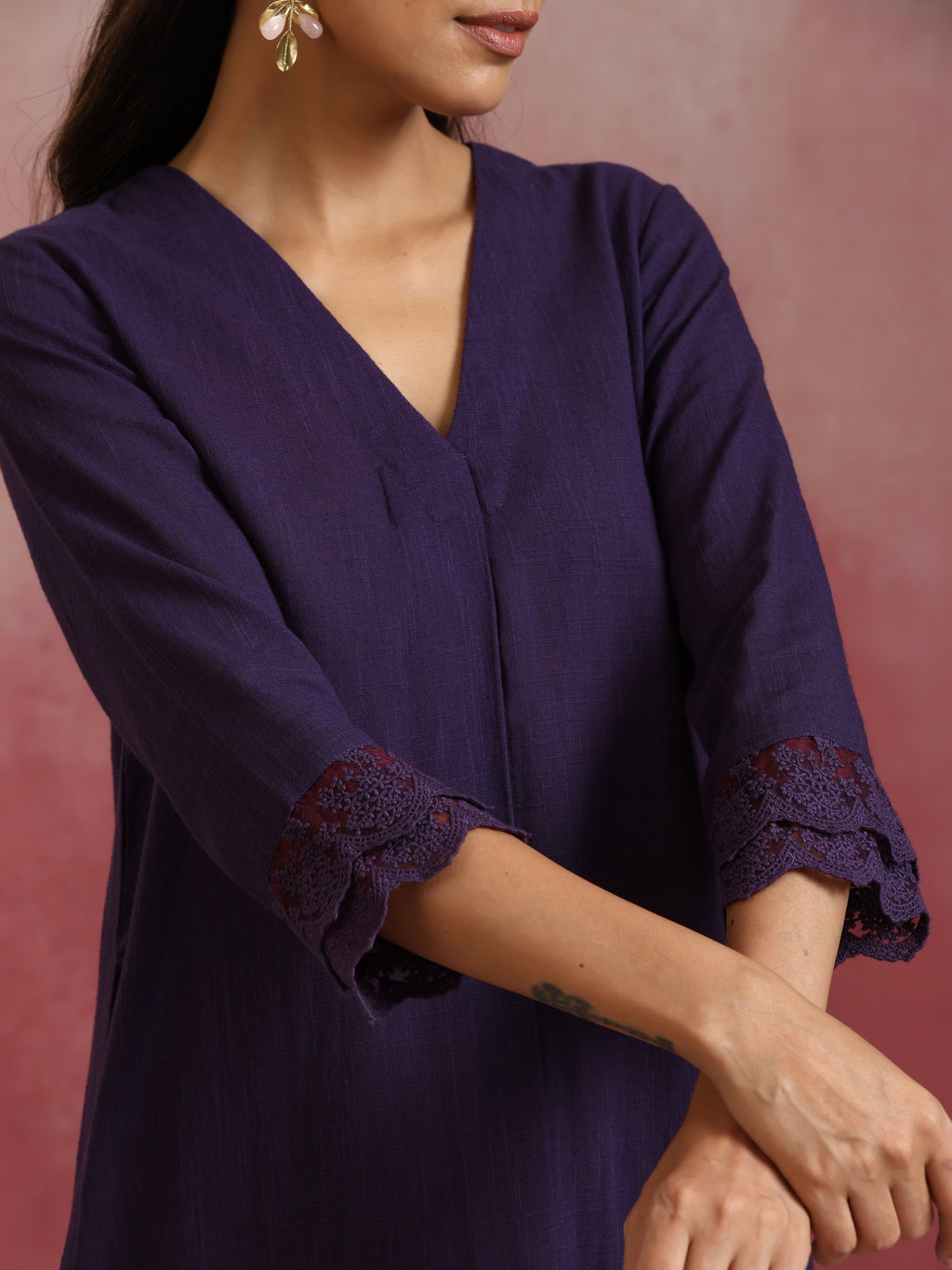 trueBrowns Purple Cotton Dobby Kurta Set | Grocsy