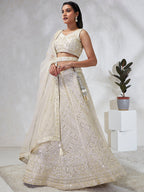 House of Panchhi Cream Net Cutdana, Sequins And Zarkan Embroidery Lehenga Choli & Dupatta | Grocsy