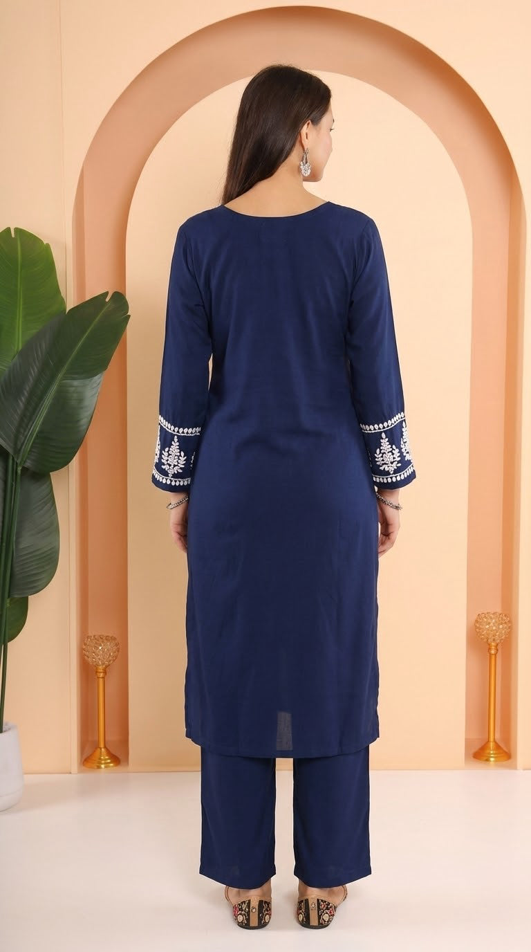 Gharana India Ishq Luxury Rayon 2Pc Navy Blue Chikankari Kurta Set | Grocsy