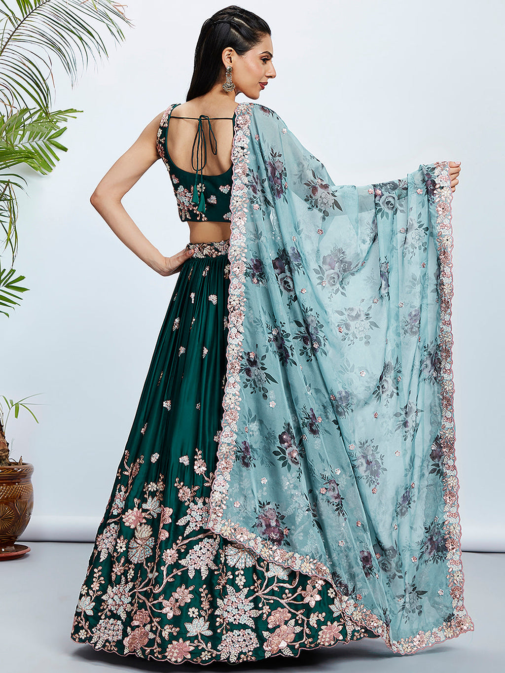 House of Panchhi Teal Pure Georgette Sequins And Thread Embroidery Lehenga Choli & Dupatta | Grocsy