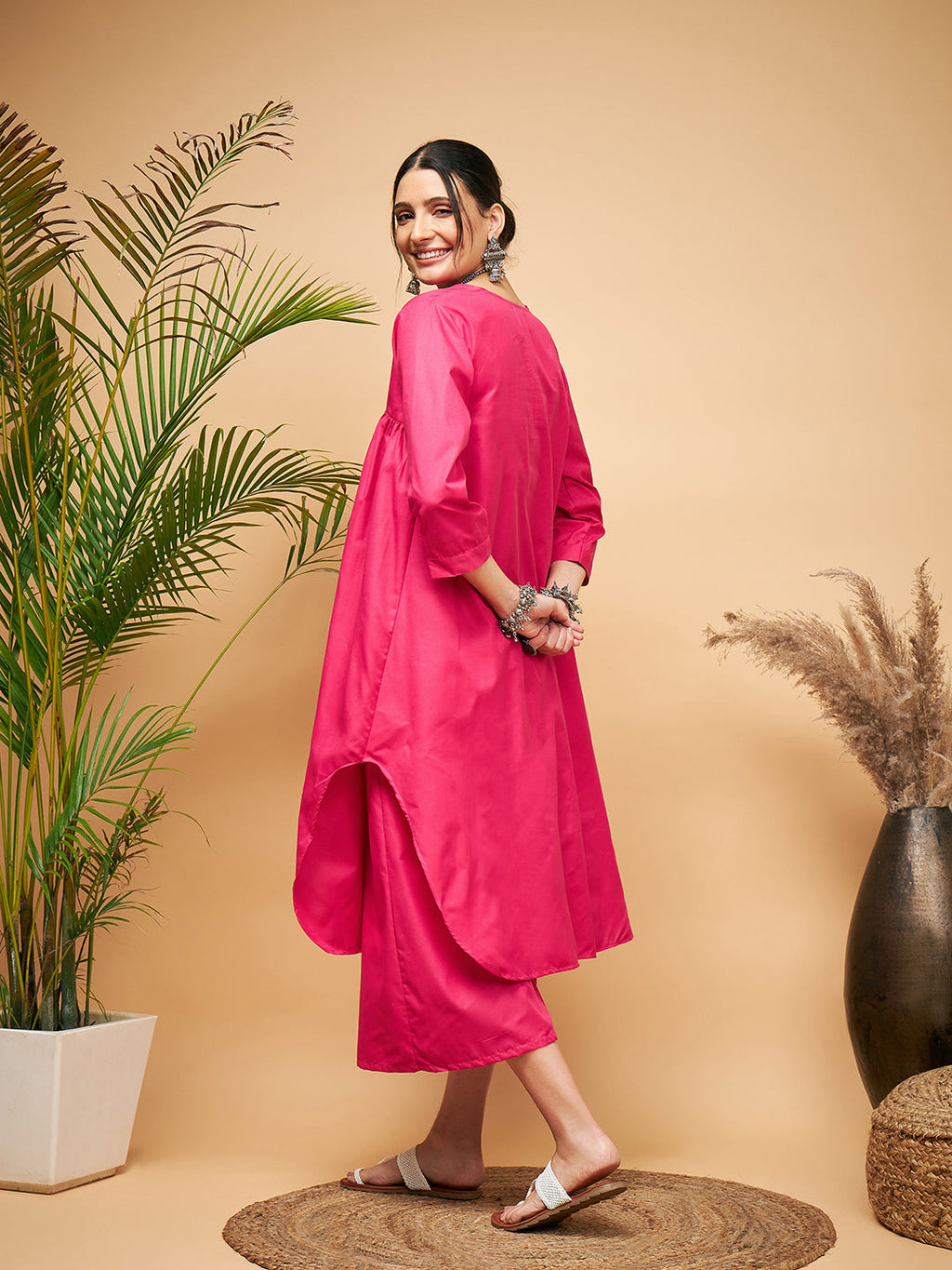 InWeave Women's Fuchsia Flared Kurta Palazzo Set | Grocsy