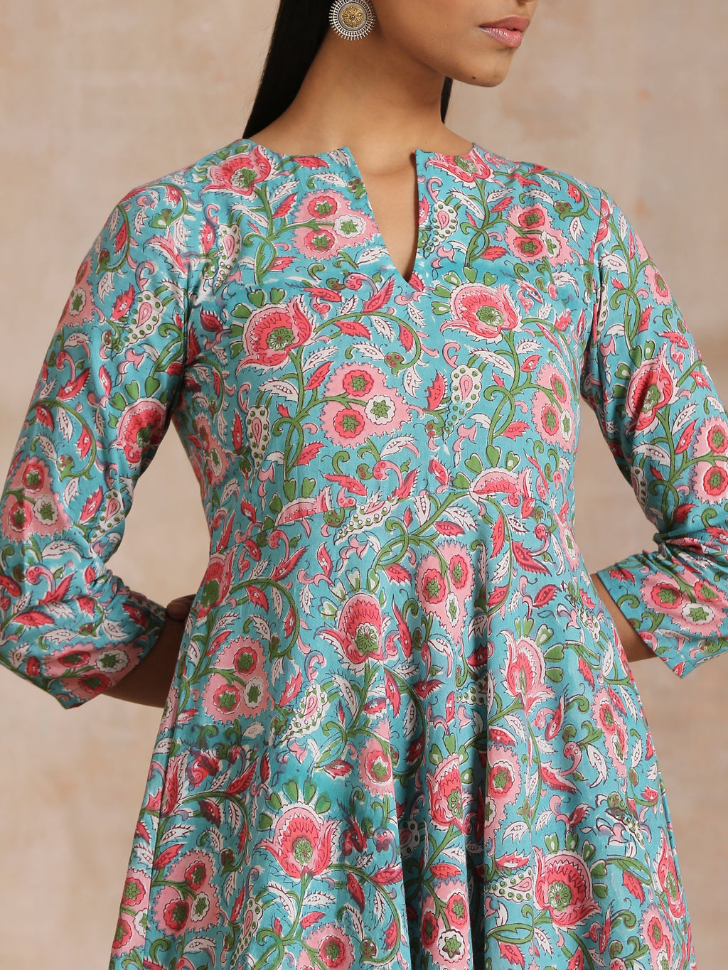 trueBrowns Turkish Blue Overall Floral Block Print Cotton Flared Kurta Pant Set | Grocsy