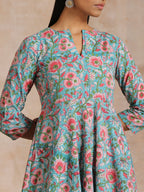 trueBrowns Turkish Blue Overall Floral Block Print Cotton Flared Kurta Pant Set | Grocsy