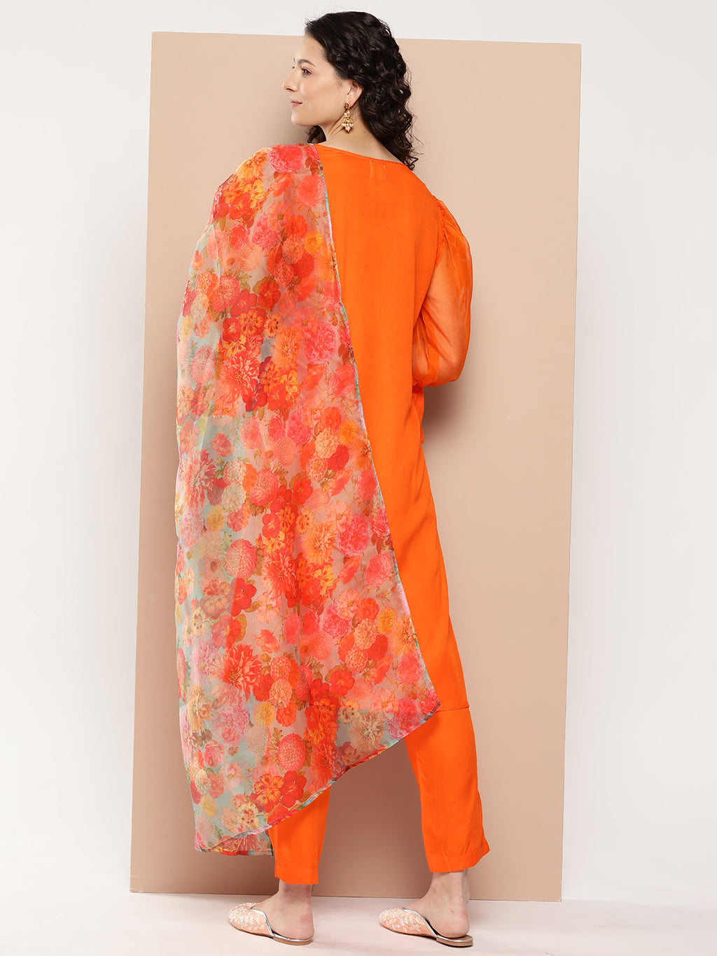 InWeave Women's Orange Organza Sleeve Kurta Set W Green Or Dupatta | Grocsy