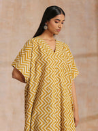 trueBrowns Mustard Dabu Zig-Zag Lines Print Cotton Panel Kaftan Kurta Pant Set | Grocsy